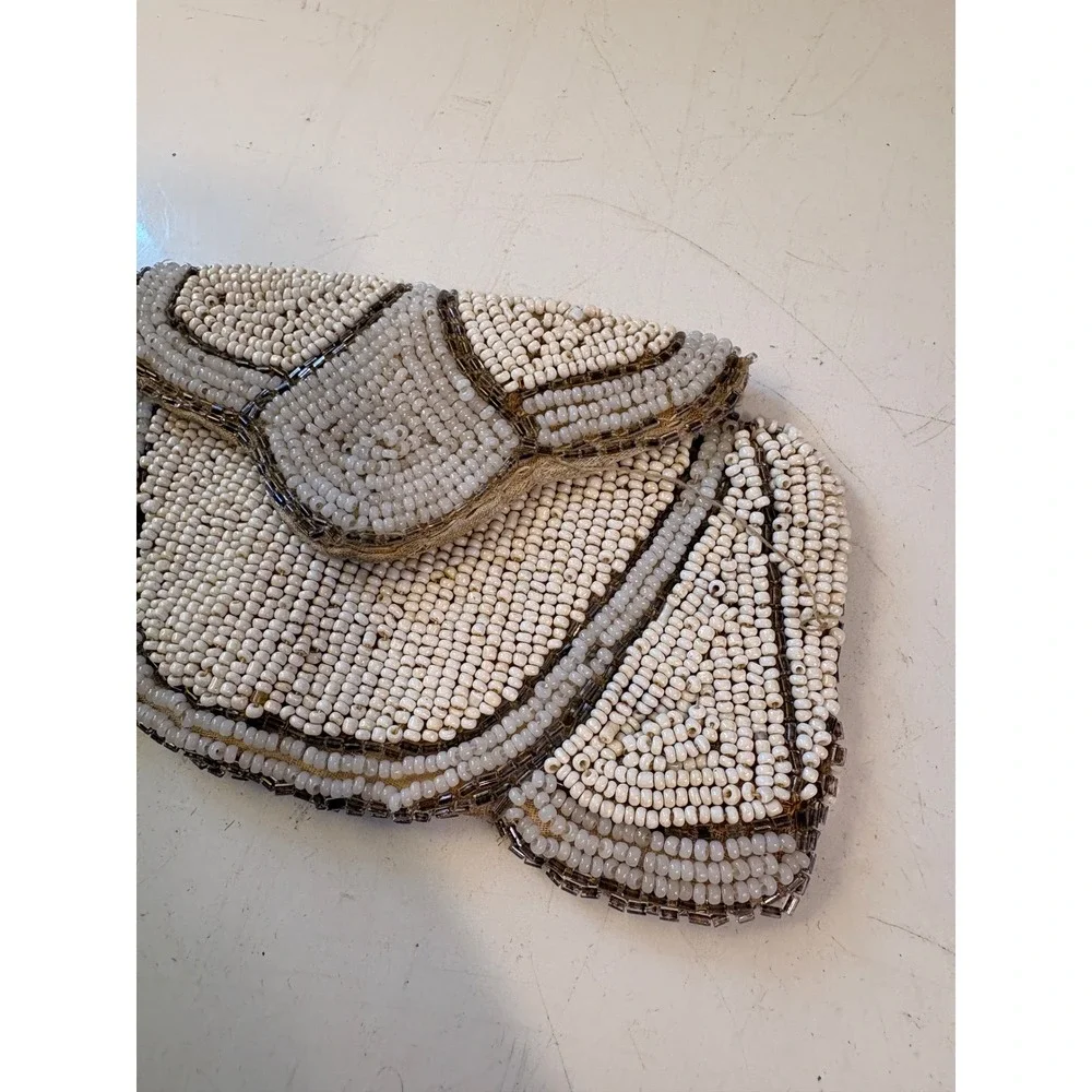 Vintage Style Cream Silver Seed Bead Geometric Clutch‎ Evening Bag Hand Beaded